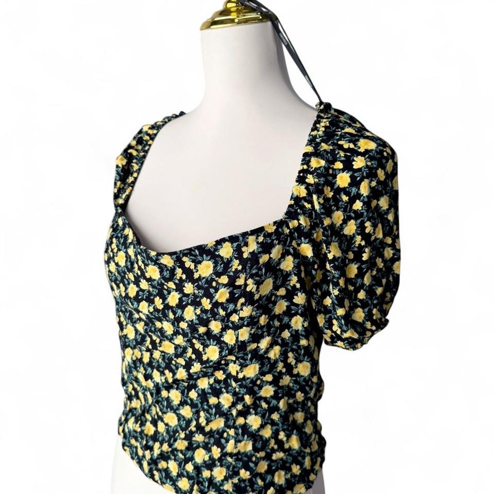 Forever 21 XL Black Yellow Floral Puff Sleeve Smocked Back Crop Top Cottagecore